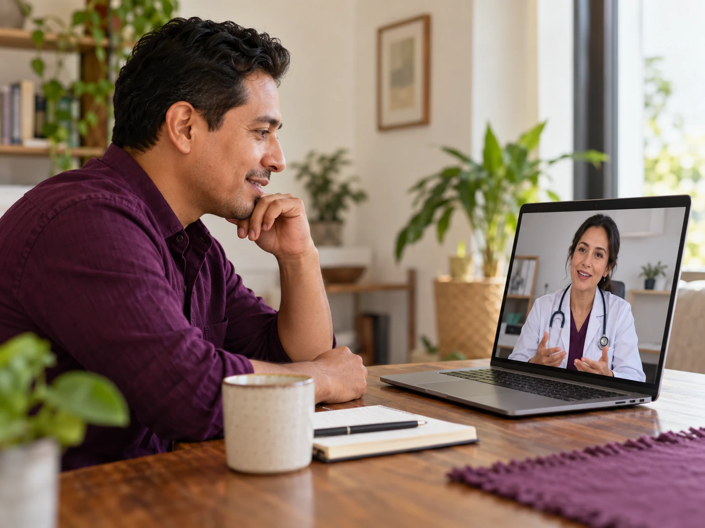 Escena ilustrativa de un colaborador conversando con una profesional de salud por videollamada desde casa.